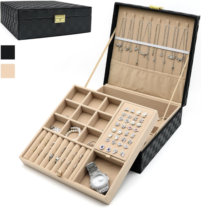 Jewelry Box Women 2 Layer Faux Leather Organizer Removable Tray Necklace Hooks