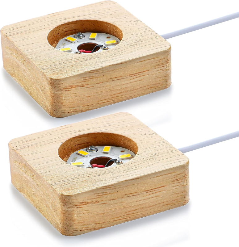 Pack 2 Wooden LED Light Display Base 2.3In Crystal Glass Light Base Stand Wood L