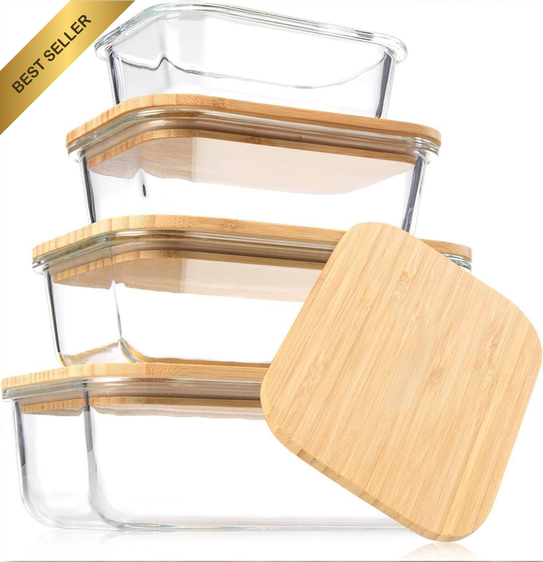 Glass Food Storage Containers with Bamboo Lids, 4 Pack Stackable Airtight Meal P