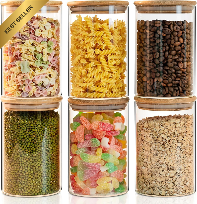 Glass Storage Jars with Bamboo Lids Set of 6, 32Oz Glass Food Storage Containers