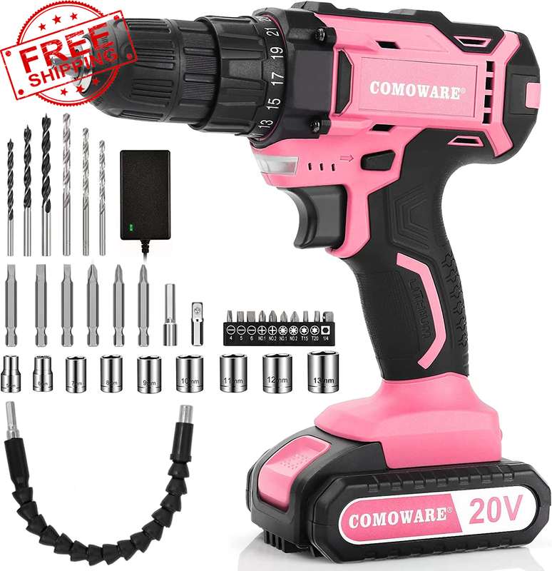 Pink Power Drill 20V Pink Cordless Drill Women 1 Battery 34Pcs Drill/Driver Bits