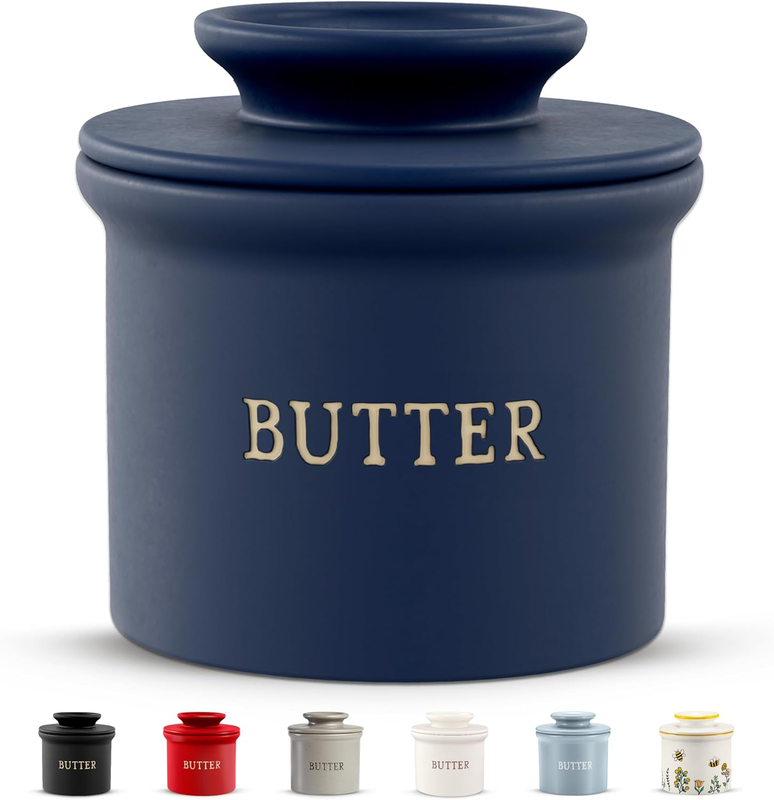 Butter Keeper Dish, French Ceramic Crock with Lid, Embossed Container, for Soft