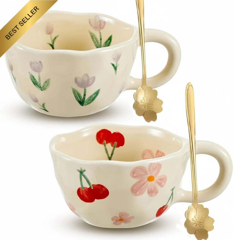 Ceramic Coffee Mugs with 2 Spoons, Cute Floral Design for Morning Coffee or Tea,