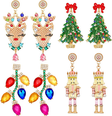 4 Pairs Christmas Enamel Earrings for Women Christmas Sparkly Crystal Stud Earri