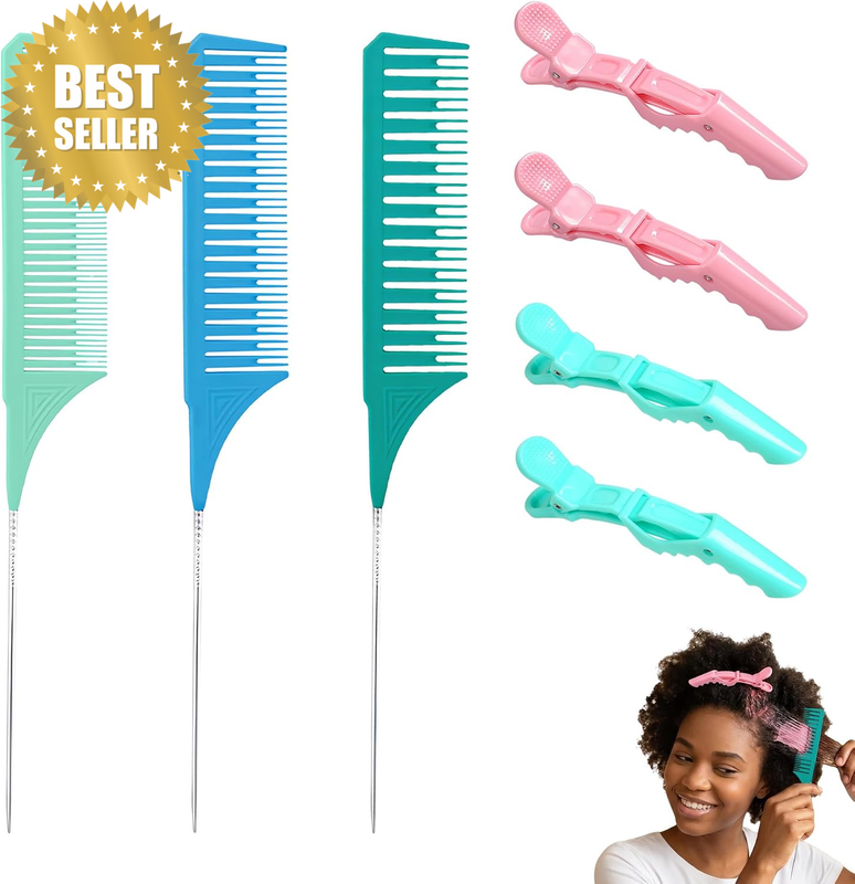 3 Pcs Rat Tail Comb Set with 4 Silicone Grip Pastel Alligator Clips, Heat-Resist