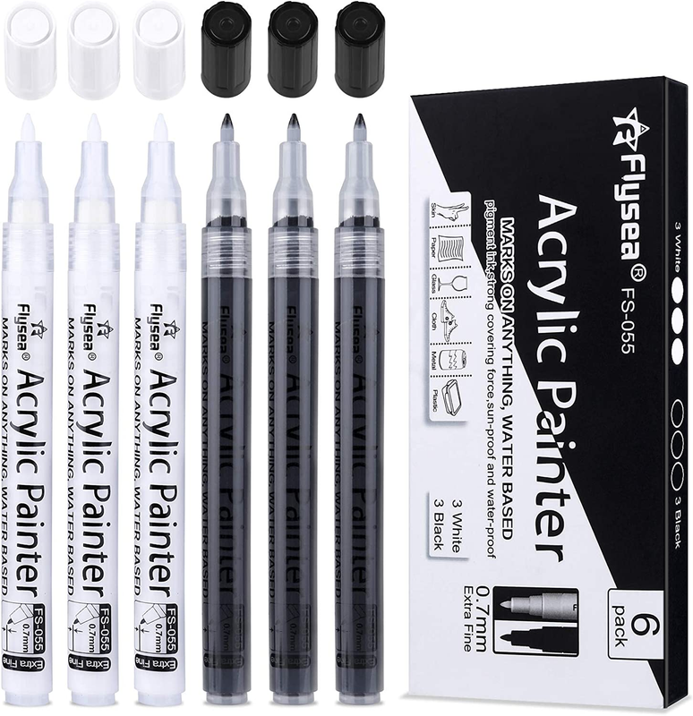 NAWOD Paint Pens White Black Marker 6 Pack,0.7Mm Acrylic White Permanent Marker,