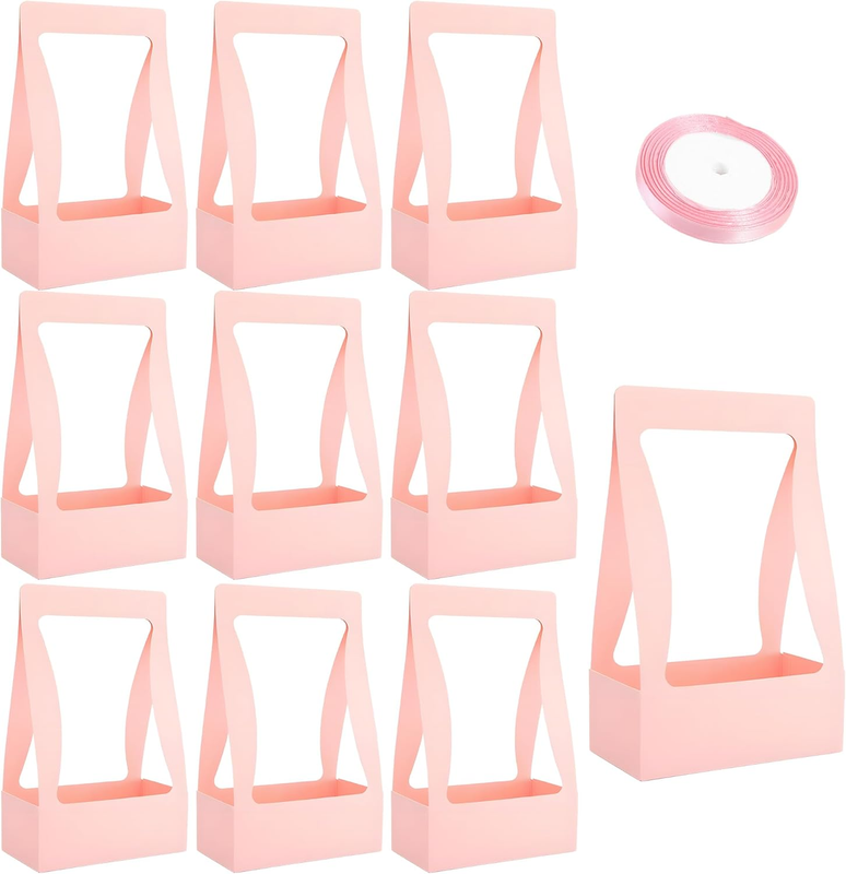 10 Pcs Pink Premium Paper Flower Gift Boxes, Handheld Bouquet Gift Wrapping Box