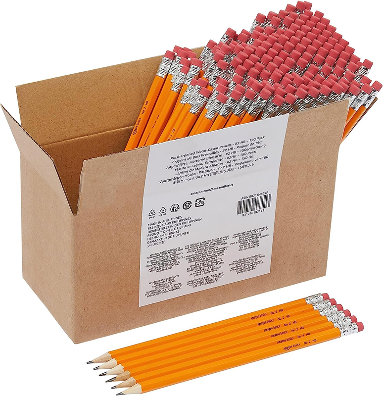 Amazon Basics Woodcased #2 Pencils, Pre-sharpened, HB Lead Bulk Box, 150 Count,