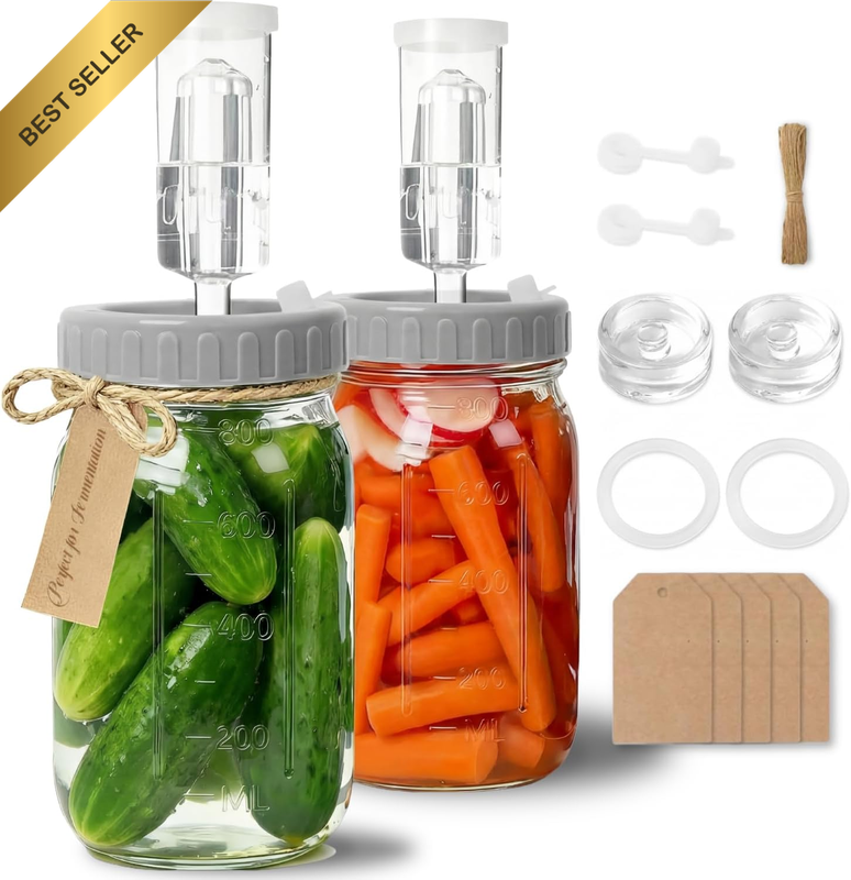 2 Pack Complete Fermentation Jar Kit with Lids, Weights & Airlocks | Labels Trac