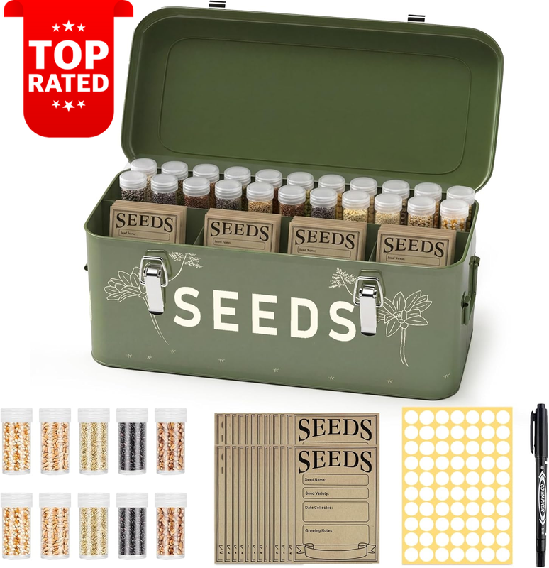 30 Slot Metal Seed Storage Organizer Box with Lid Labels 4 Compartment Set