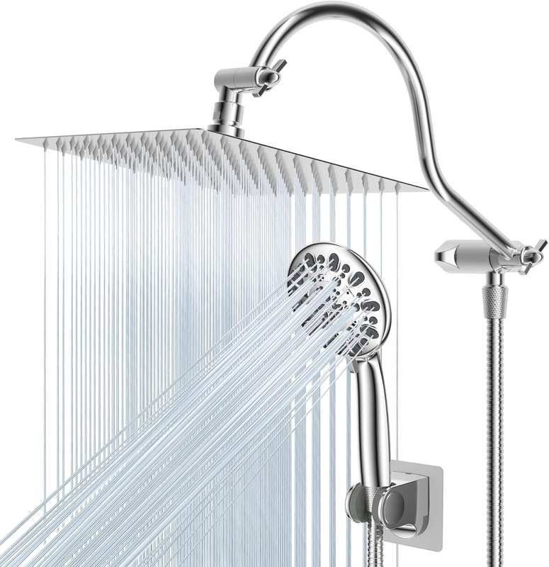 All Metal Shower Head, 10'' High Pressure Rainfall Shower Head/Handheld Showerhead Combo with 12'' Adjustable Curved Shower Extension Arm, 7-Spray, 71'' Shower Hose, Showerhead Holder, Chrome