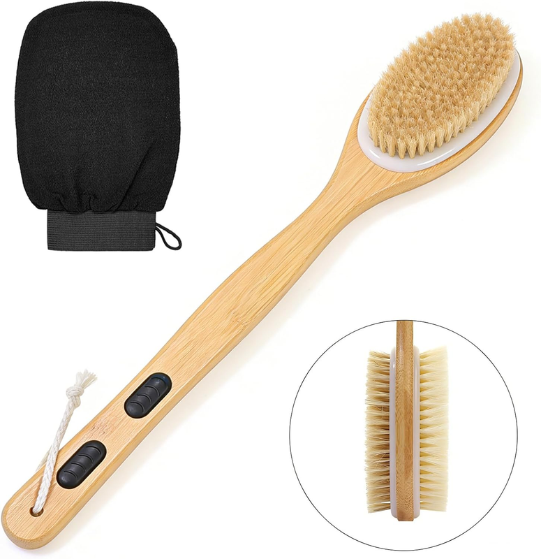 Shower Brush with Soft and Stiff Bristles with Shower Gloves, 17.3