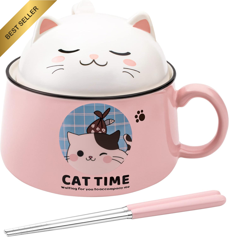 Cat Ramen Bowl Set 34.5oz XL Ceramic Soup Handle Pink Microwave Safe