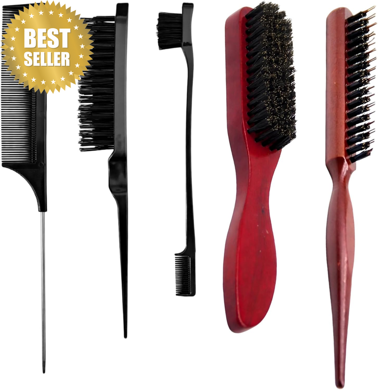Slick Back Brush, Boar Bristle Hair Brush and Beard Brush Set with Wooden Handle