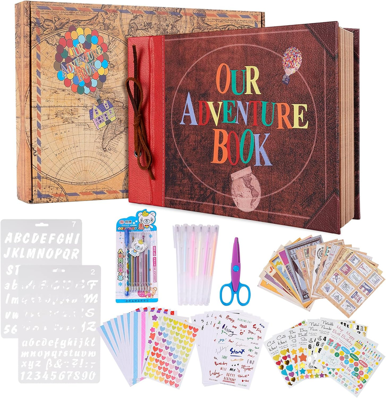 Tpudn Our Adventure Book Scrapbook Photo Album, 11.9 * 7.6 Inch 80 Pages, 3D Embossed Words Leather Hard Cover Travel For Anniversary, Wedding