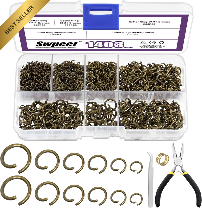 1403Pcs Mixed Size 4-10Mm Bronze Open Jump Rings Kit with Tweezer, Jump Ring Pli