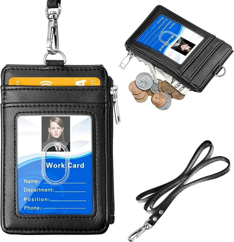 Badge Holder with Zipper, PU Leather ID Badge Card Holder Wallet with 5 Card Slo