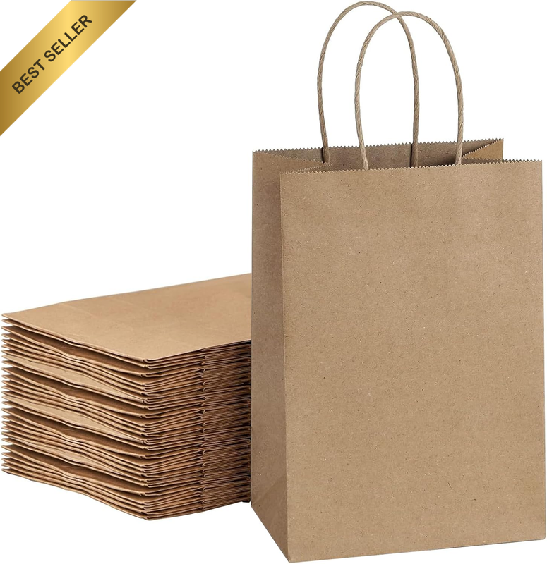 Gift Paper Bags 15X8X21Cm - Natural Kraft Paper Shopping Bags with Handles, Bulk
