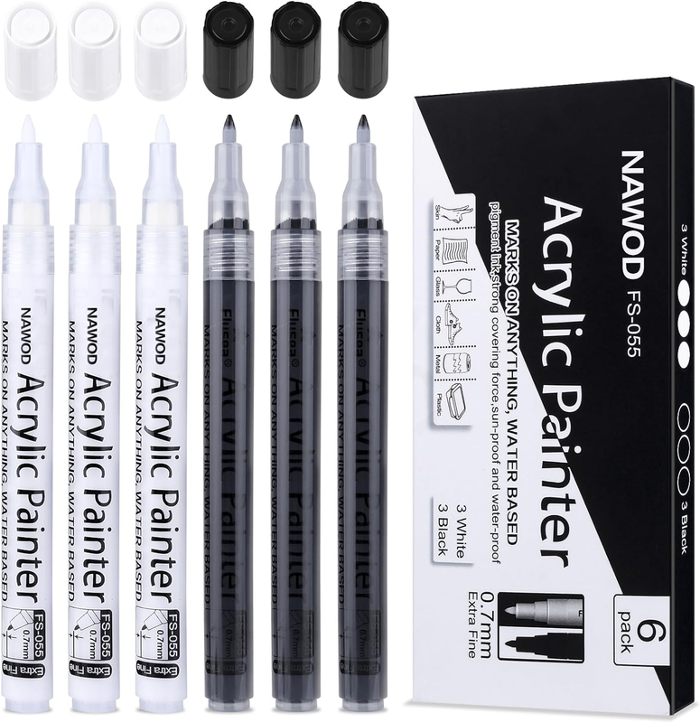 Paint Pens White Black Acrylic Marker 6 Pack, Acrylic Perman