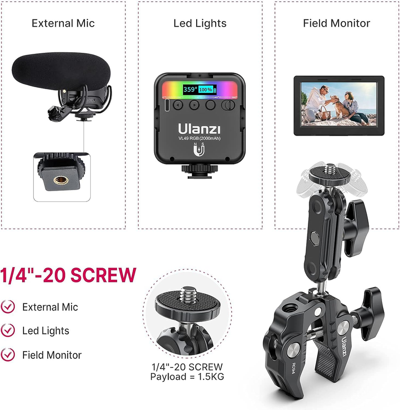 Super Clamp Camera Clamp Mount Monitor 360° Ballhead Magic Arm Double Ball Head