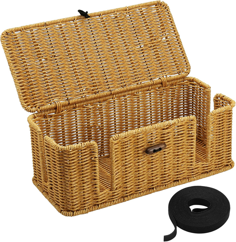 Handwoven Faux Rattan Cord Organizer Box with Lid,2 Open Slots Cable Organizer B