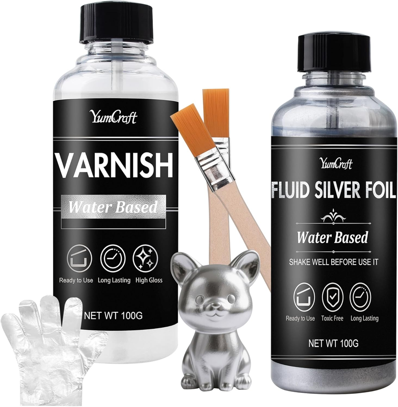 Liquid Silver Leaf Paint, Water-Based Silver Liquid Gilding 100ml and Gloss Varn