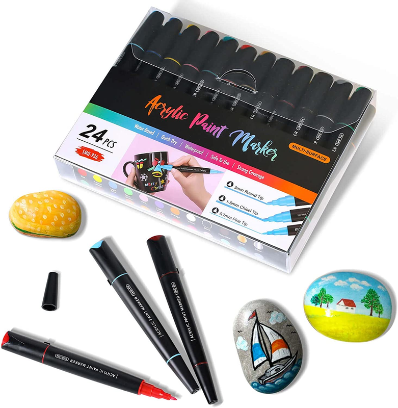 Paint Pens Paint Markers, 24 Colors Three Tips Acrylic Markers Pens with Fine Ti
