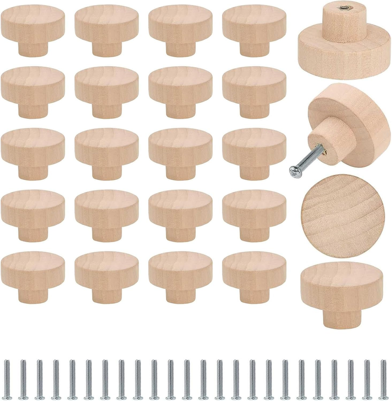 24Pcs Unfinished Wooden Cabinet Knobs, round Dome Drawer Pulls, Furniture Handle