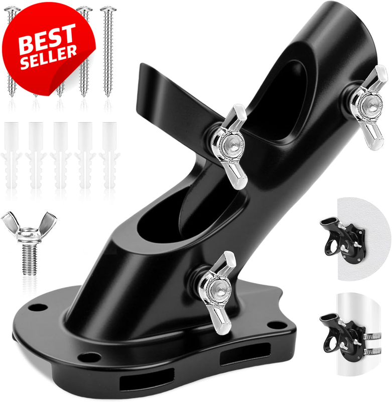 Flag Pole Holder 2 Position Metal Bracket 1in Wall Porch Mount Black - US