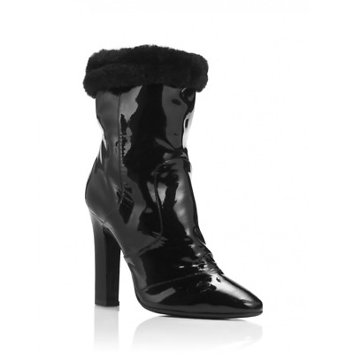 Pre-owned Tamara Mellon Patent/shearling Crush Boots 105mm Heels $1,895 In Black