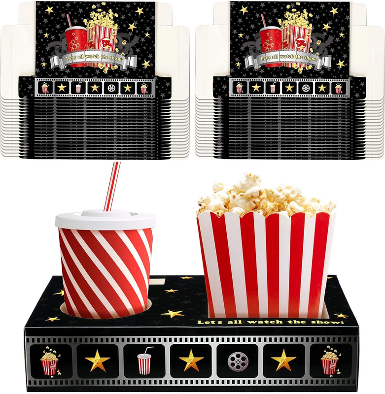 Movie Night Paper Snack Trays Theater Party Favors Disposable Paper Holder Tray for Popcorn Food Candy Drink Party Cinema Birthday Family Supplies Red Carpet(Movie Night,40 Pcs)