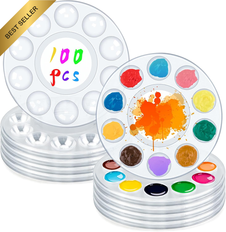 100PCS Clear Disposable 5.9In round Paint Palettes, Bulk Plastic Paint Trays, Wa