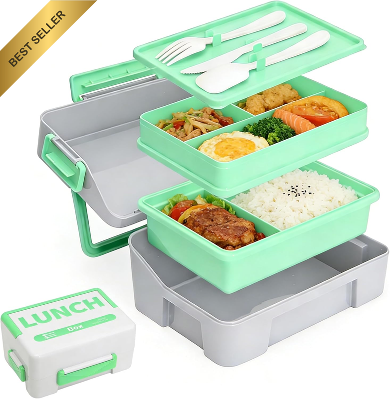 Bento Lunch Box for Kids & Adults, Portable 2-Tier Divided Lunch Container with