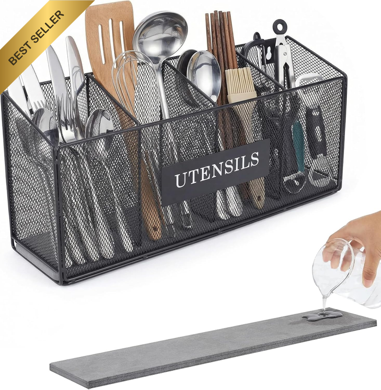 Kitchen Utensil Holder for Countertop, 4-Compartment Metal Mesh Cutlery Organise