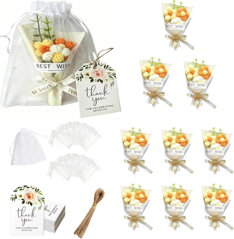Yellow Crochet Flower Return Gift 10PCS Pack; Artificial Mini Bouquet Baby Showe