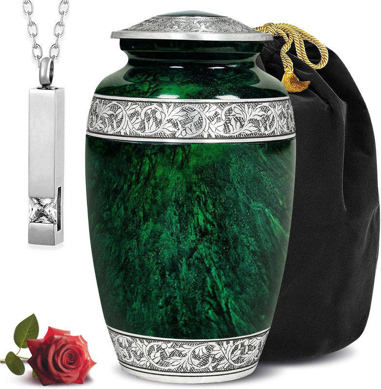 Hand-Engraved Green Urn for Ashes for Women & Men with Ash Necklace & Velvet Bag | Green Marble Finish Metal Cremation Urns for Human Ashes Adult Man | Elegant Burial & Funeral Urn - Large, 220 Lbs