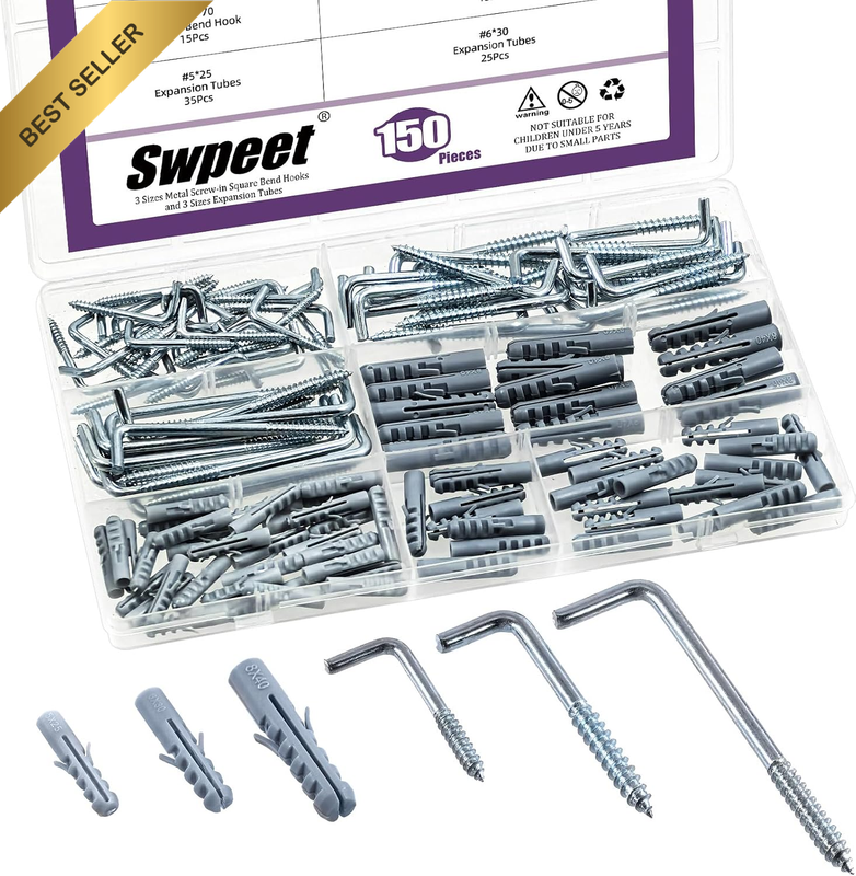 150Pcs 3 Sizes Blue White Metal Screw-In Square Bend Hooks with Expansion Tubes