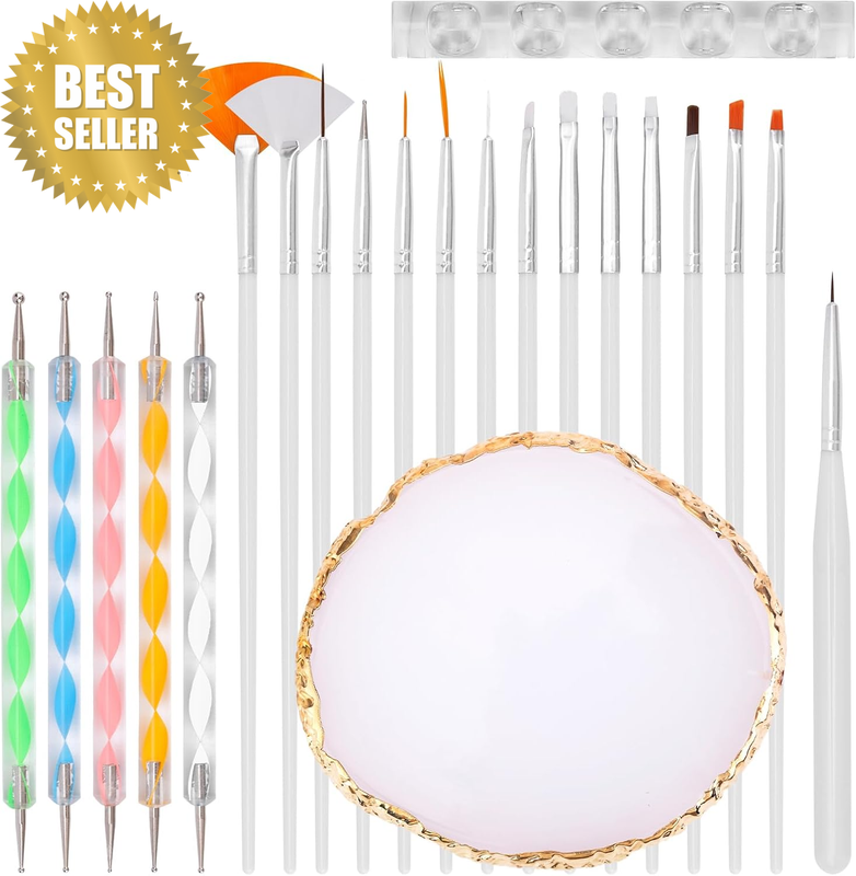 22Pcs Nail Brushes Set, 2 Way Engraving Pen Nail Dotting Tools Kit Resin Palette