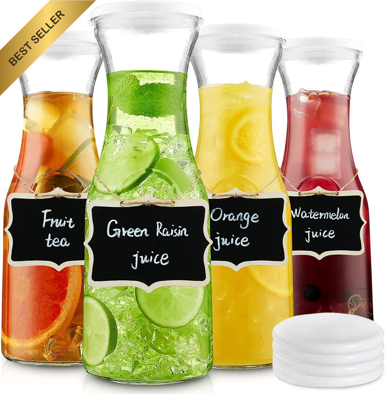 Set of 4 Glass Carafes 1 Litre with Lids Milk Juice Pitchers with Wooden Chalkbo