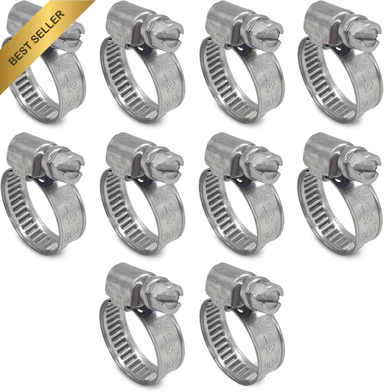10 Pack SAE Size 6 Stainless Steel Hose Clamps, German Style Embossed Worm Gear