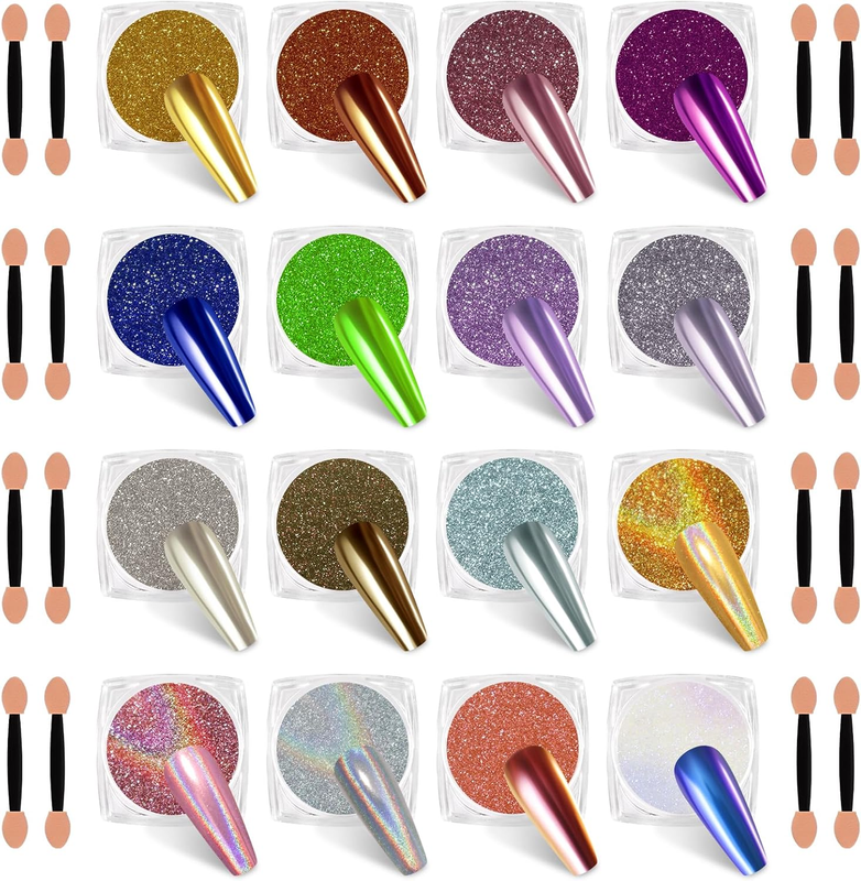16 Jars Chrome Nail Powder Nail Art Glitter Decoration Metallic Mirror Effect Ho