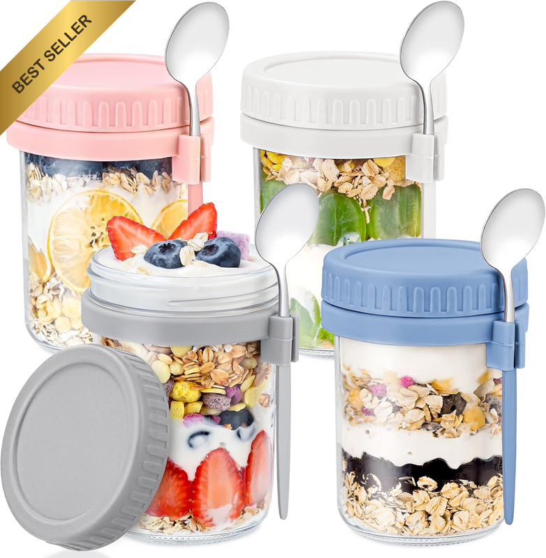 4 Pack 16 Oz Overnight Oats Glass Mason Jars Lids Spoons Leak Proof
