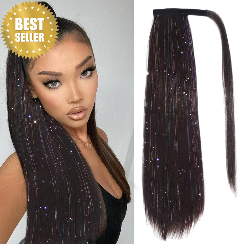 Brown Ponytail Extensions with Tinsel 26 Inch Wrap around Ponytail Extension Hai