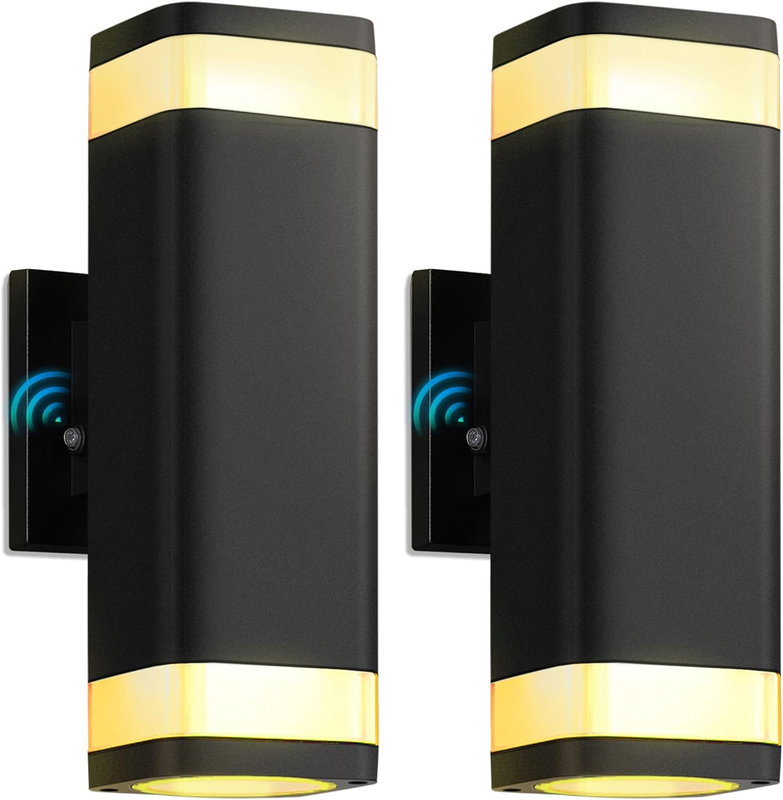 Dusk to Dawn Outdoor Wall Lights 2 Pack, Modern up and down Exterior Lighting Fixtures with Sensor, Waterproof Aluminum Wall Sconce for Porch Garage Patio, LED Bulbs Included, Black Finish