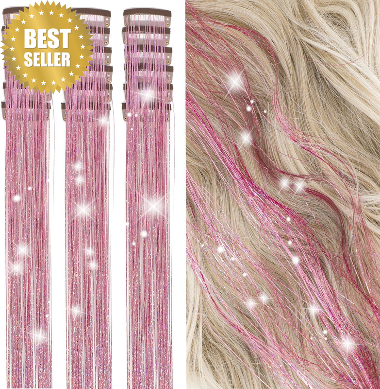 Hair Tinsel Kit Pack of 18 Pcs Hair Tinsel Clip in 19.6Inch Glitter Tinsel Hair