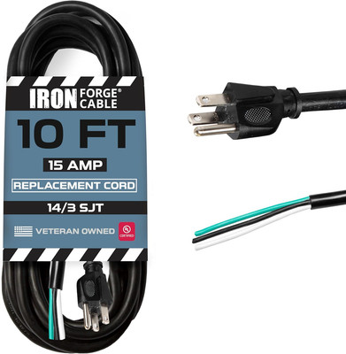 Iron Forge Cable 14 AWG Replacement Power Cord with Open End - 10 Ft Black Exten