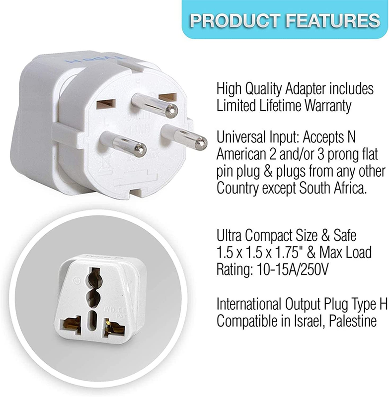 Israel Power Adapter Travel Universal Plug by ,Works in Palestine,Jerusalem,Holy