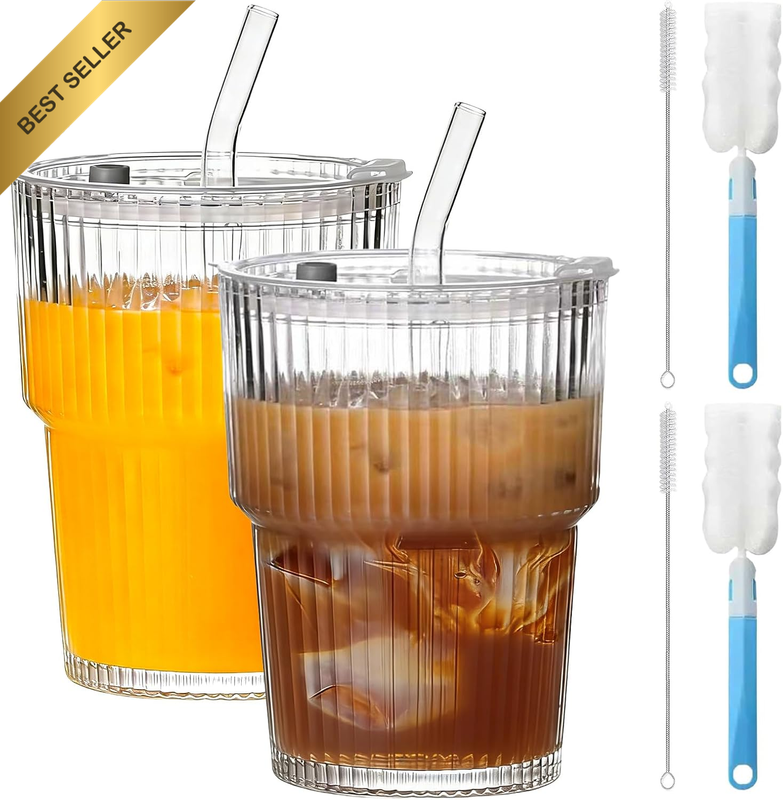2Pack 380Ml Glass Tumblers with Lids and Straws, 12Oz Drinking Glasses Iced Coff