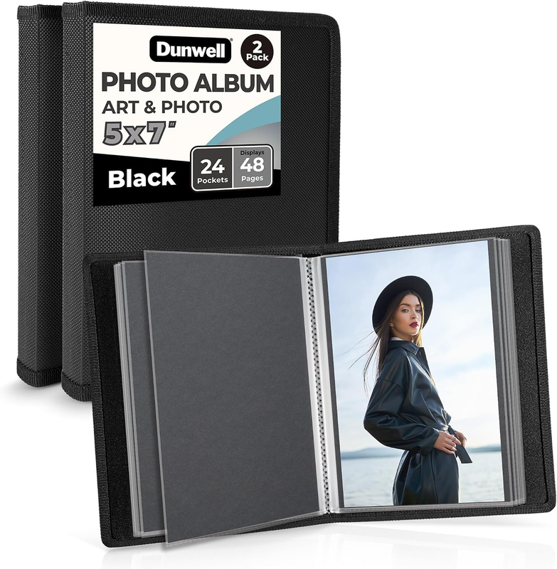 Dunwell 5X7 Photo Album & Art Portfolio Binder, 24 Clear Sleeves, Black