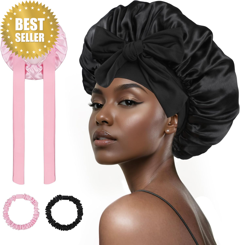 Satin Bonnet Silk Bonnet for Sleeping, 2 Pack Hair Bonnet Night Sleep Cap with T